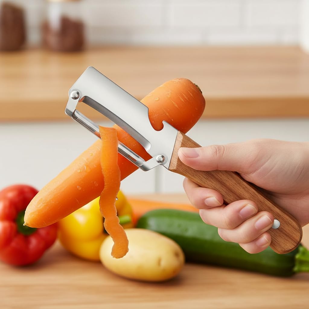 Multi-Functional Stainless Steel Vegetable Peeler with Wooden Handle & Bottle Opener Single Blade Peeler for Fruits & Vegetables Sharp & Easy-Grip Kitchen Tool (2 in 1 Vegetable Peeler)
