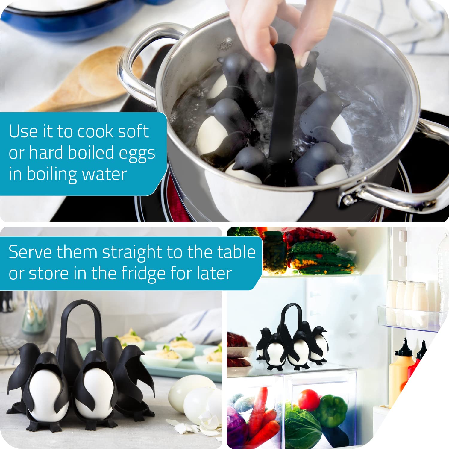 PELEG DESIGN Plastic Egg Uins 3-in-1 Cook, Store and Serve Egg Holder, Penguin-Shaped Boiled Egg Cooker for Making Soft or Hard Boiled Eggs, Holds 6 Eggs for Easy Cooking and Fridge Storage (Black)