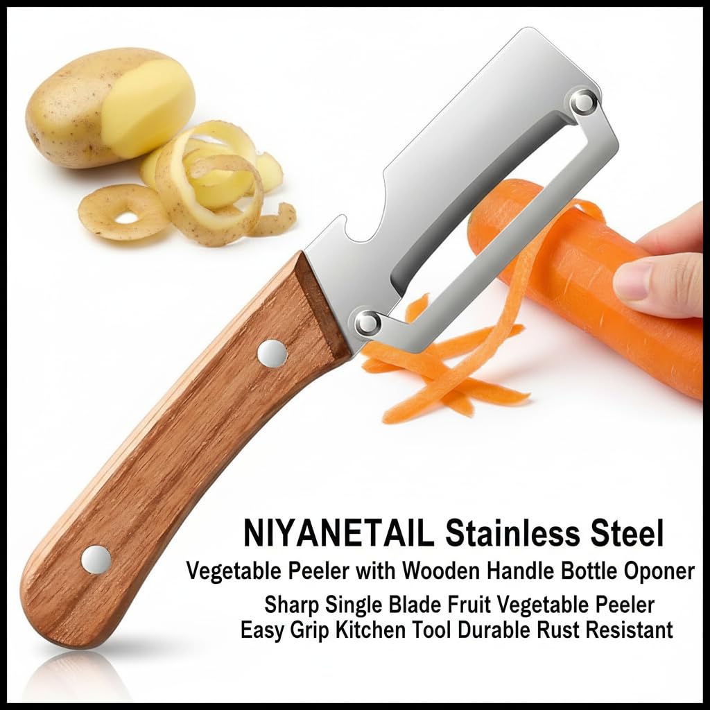 Multi-Functional Stainless Steel Vegetable Peeler with Wooden Handle