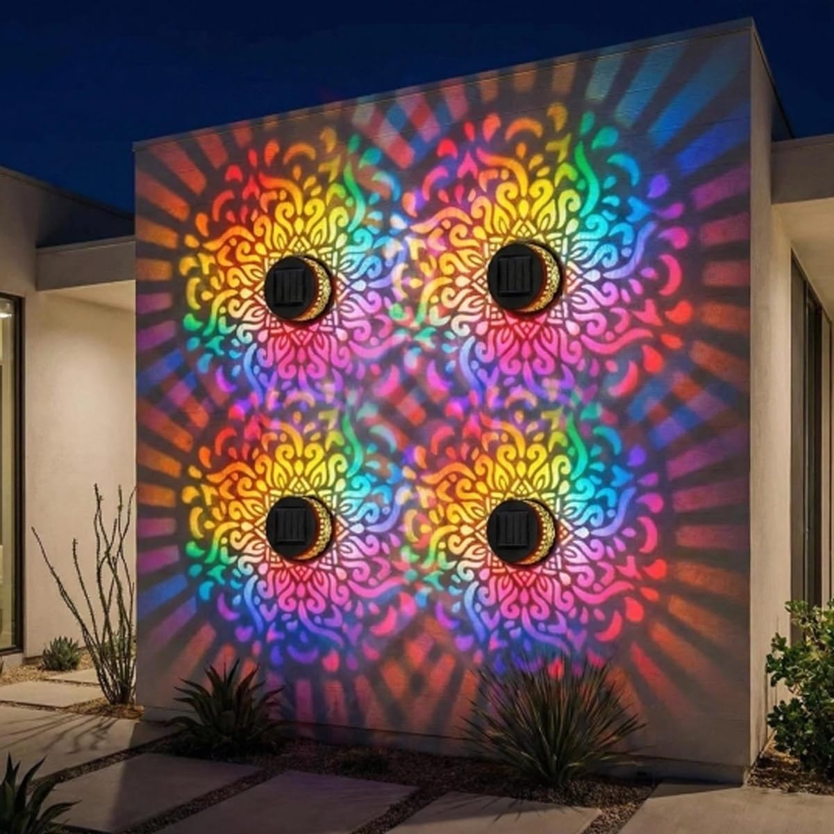 Lscsdf Seven-Color Changing Solar Mandala Projection Wall Light Decorative Solar Mandala Lights Outdoor Waterproof Metal Fence Lights for Yard Garden Post Patio Backyard Decor (4pcs)