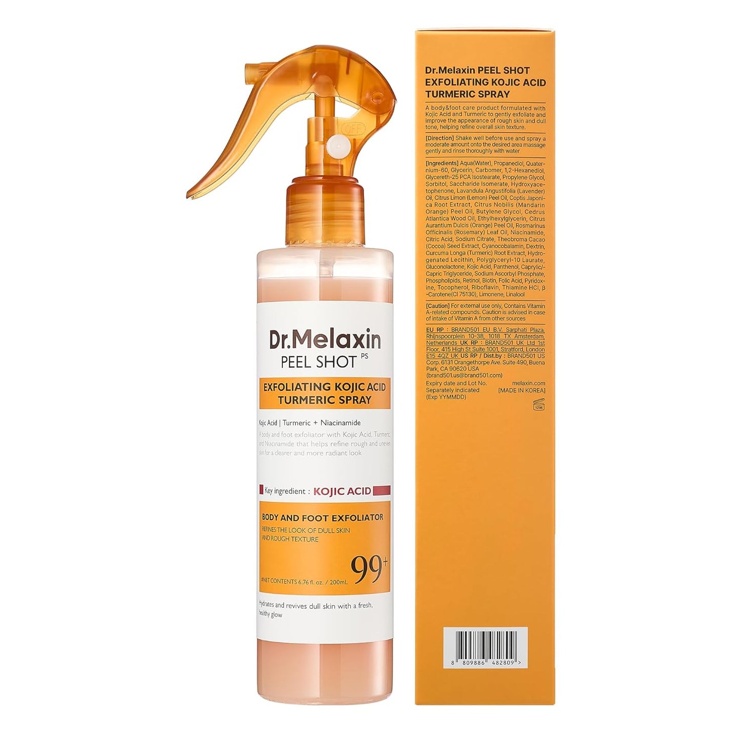Dr.Melaxin Body Keratin Care Kojic Acid Turmeric Spray Gently Exfoliating Peeling Solution  Skincare All Skin Types 200ml